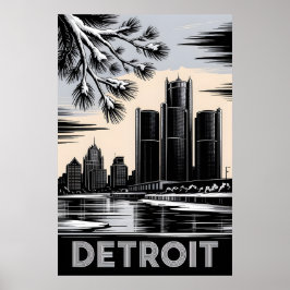 Póster Detroit Skyline Black and White Woodcut Winter