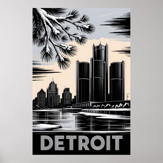 Póster Detroit Skyline Black and White Woodcut Winter (Frente)