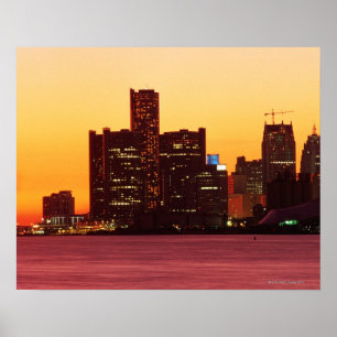Póster Detroit skyline in colorful sunset