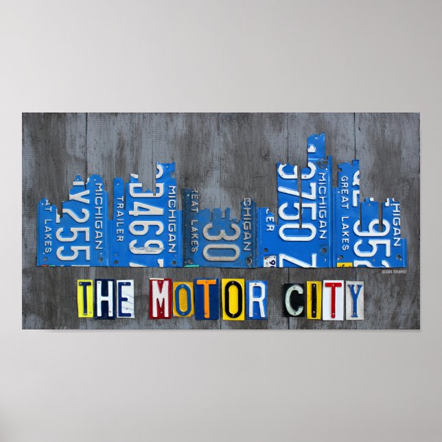 Póster Detroit The Motor City Skyline License Plage Art (Frente)