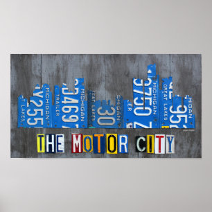 Póster Detroit The Motor City Skyline License Plate Art