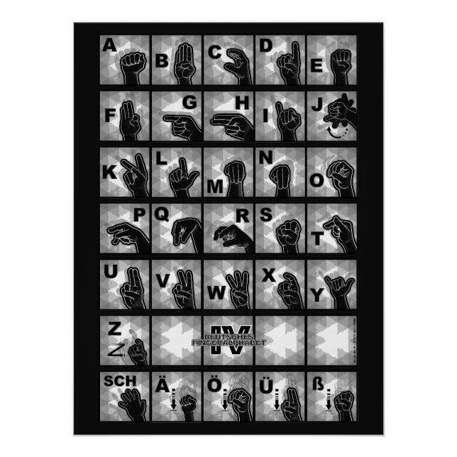 Póster Deutsches Fingeralphabet 4 - schwarz / (Anverso)