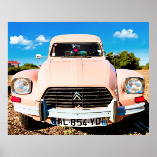 Póster Deux Chevaux rosado, coche francés vintage.