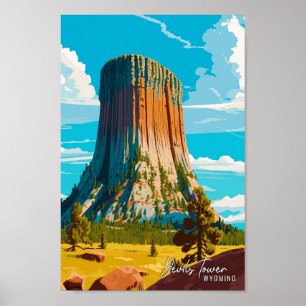 Póster Devils Tower Wyoming Vintage Travel Ilustracion