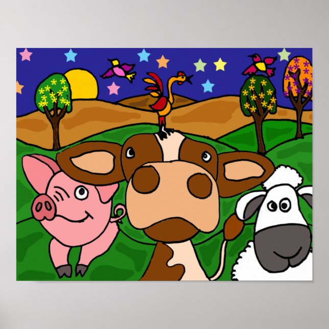 Póster DH- Poster divertida de folk Art Barnyard Animales (Frente)