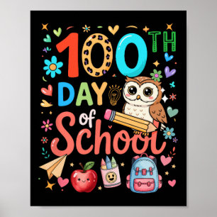 Póster Día 100 de la Escuela Profesor Búho Lindo Colorido