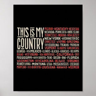 Póster Día 4 de julio Bandera Estadounidense Mapa estatal