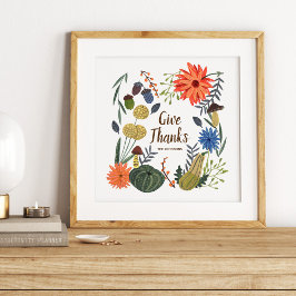 Póster Día de Acción de Gracias floral adorable hongo oto