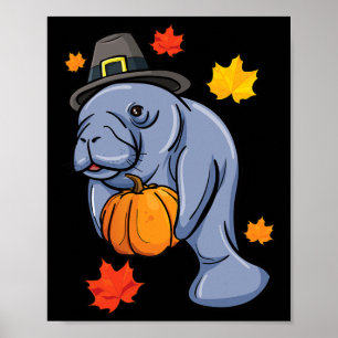 Póster Día de Acción de Gracias Manatee Pilgrim Fall Pump