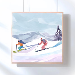 Póster Día de esquí | Montaña de invierno en acuarela