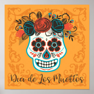Póster Día de la Calavera del Azúcar Muerto con Rosas