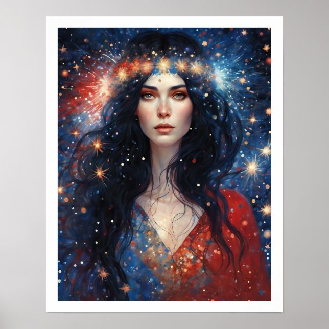 Póster Día de la Independencia Julio Mujer fuegos artific (Frente)