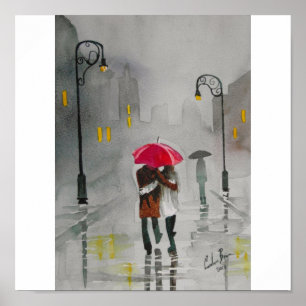 PÓSTER DÍA DE LA LLUVIA PAREJA ROMÁNTICA DE UMBRELLA ROMÁ