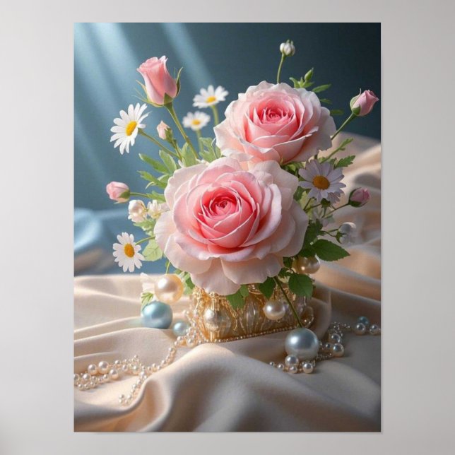 Póster Día de la Madre Rosas rosadas y margaritas blancas (Frente)