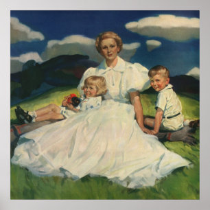 Póster Día de la Madre Vintage, mamá con hijos