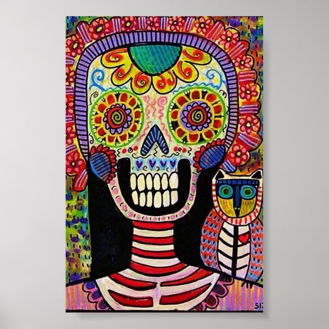 Póster Día de la Muerte del Frida y Búho Skeleton (Frente)