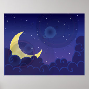 Póster Día de la noche luna de la noche azul
