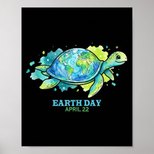 Póster Día de la Tierra acuarela tortuga marina globo cap