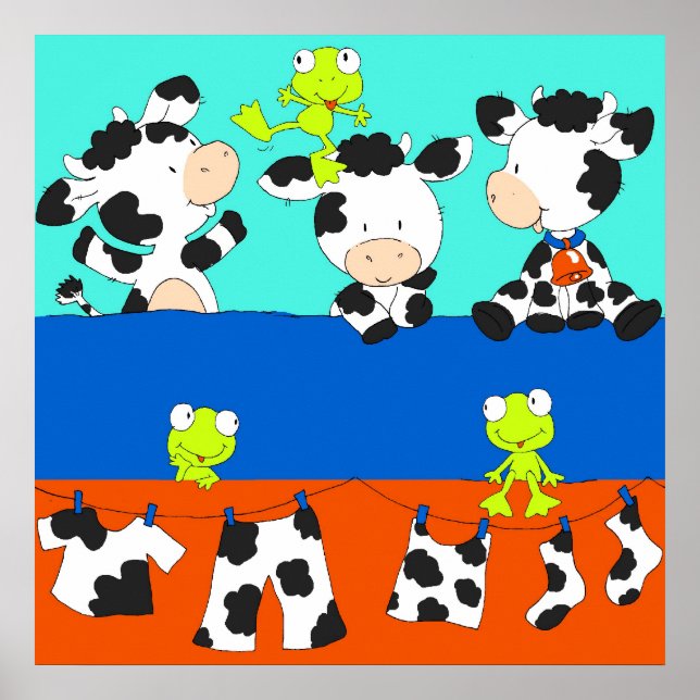 Póster Día de lavandería de vaca y rana. (Frente)