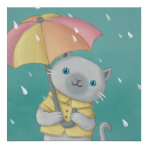 Póster Día de lluvia: Ilustracion de gatos y paraguas