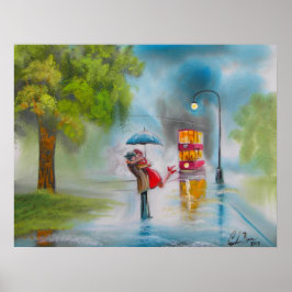 PÓSTER DÍA DE LLUVIA KISSING PAREJA TRAM UMBRELLA