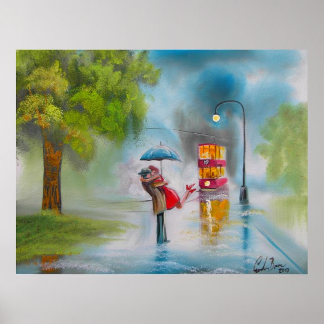PÓSTER DÍA DE LLUVIA KISSING PAREJA TRAM UMBRELLA (Frente)