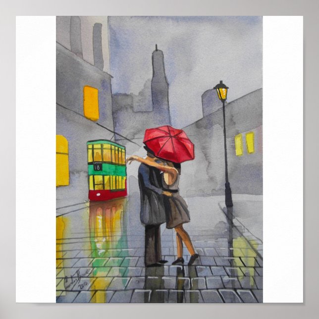 Póster DÍA DE LLUVIA ROJO UMBRELLA escena del tranvía PIN (Frente)