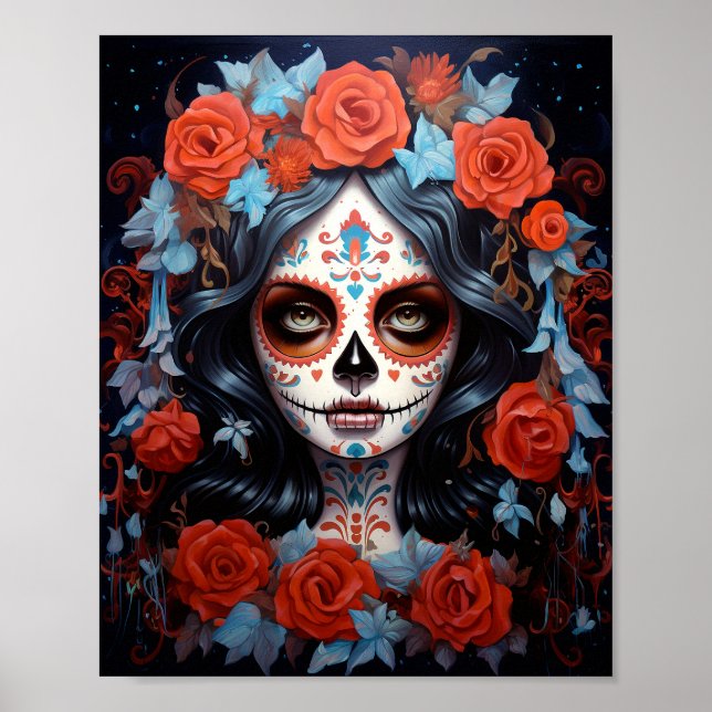 Póster Día De Los Muertos En El Chica De La Calavera Del  (Frente)