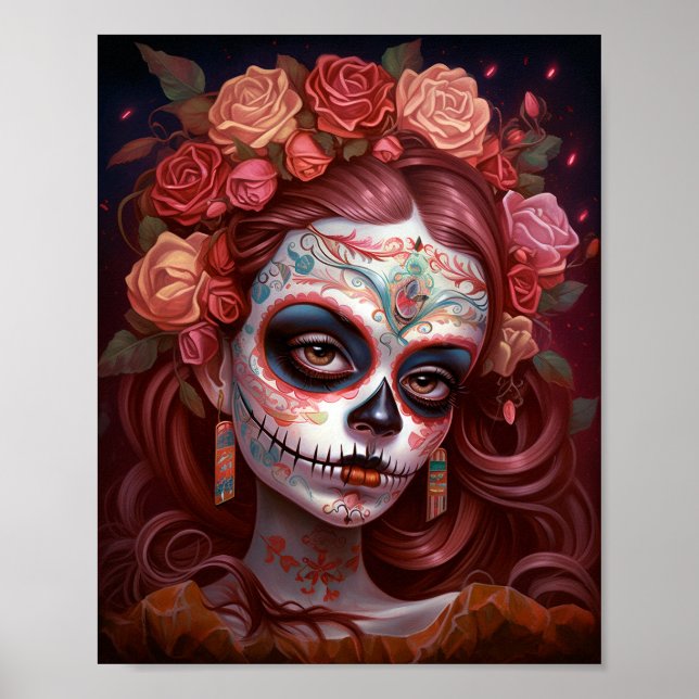 Póster Día De Los Muertos En El Chica De La Calavera Del  (Frente)