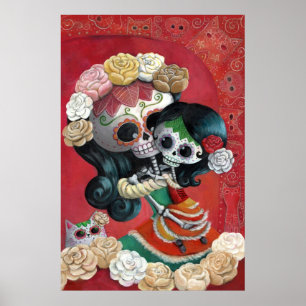 Póster Dia de Los Muertos esqueletos madre e hija