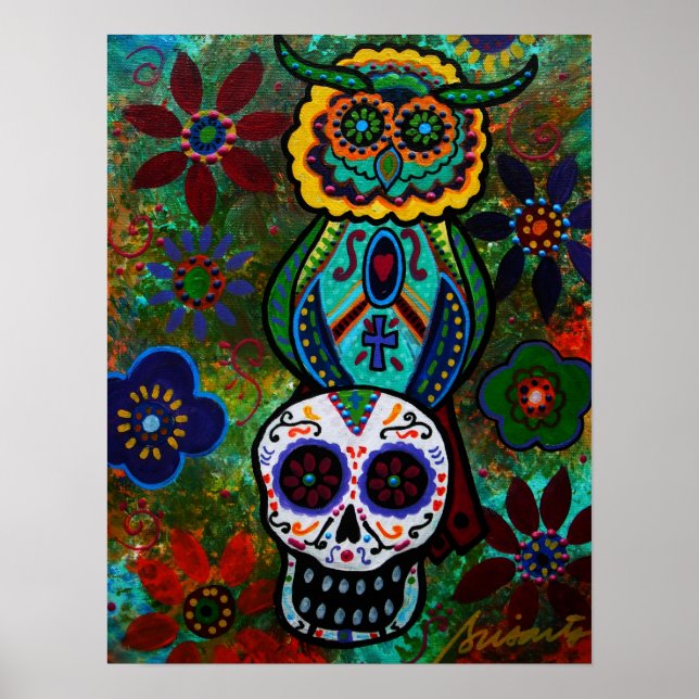Póster dia de los muertos skulls owl (Frente)