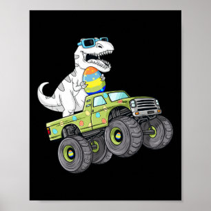 Póster Día de Pascua T Rex Dino montando un camión monstr