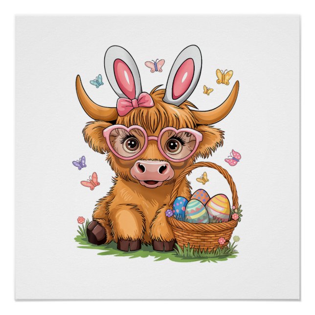 Póster Día de Pascua Vaca Highland Lindo Conejo de Pascua (Anverso)