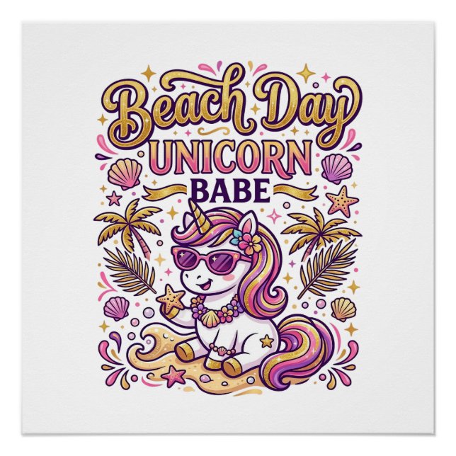 Póster Día de playa de unicornio Bebé unicornio con estil (Anverso)