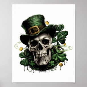 Póster Día de San Patricio Cráneo Irlandés Oscuro Con Tré