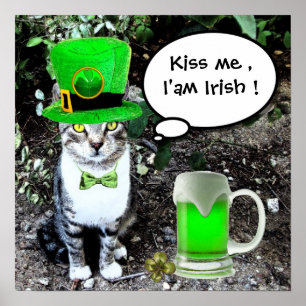 PÓSTER DÍA DE SAN PATRICIO GATO CON CERVEZA IRLANDESA VER