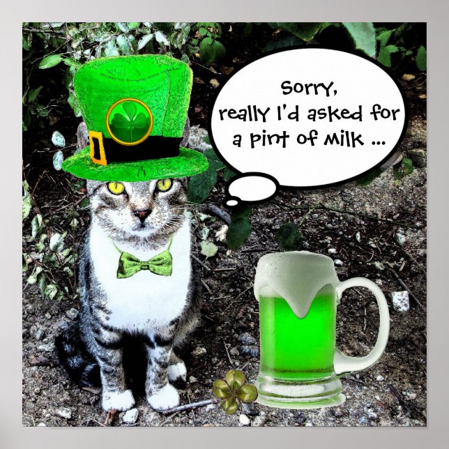 PÓSTER DÍA DE SAN PATRICIO GATO CON CERVEZA IRLANDESA VER (Frente)