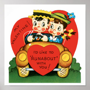 Póster Día de San Valentín antiguo, niño y niña lindos en