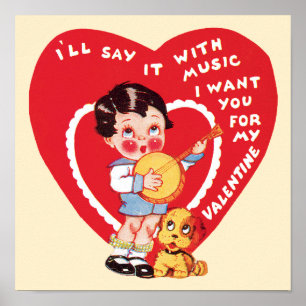 Póster Día de San Valentín Antiguo y Bonito, Niño toca Ba