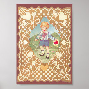 Póster Día de San Valentín antiguo y lindo, niño en prado