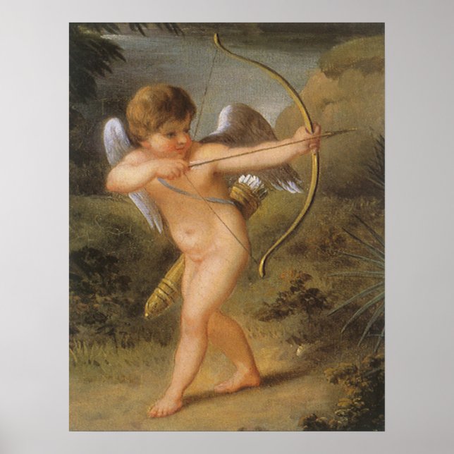 Póster Día de San Valentín de cosecha, cupido con arco y  (Frente)