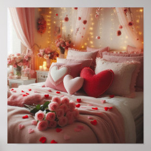 Póster Día de San Valentín Dormitorio decorado con corazo