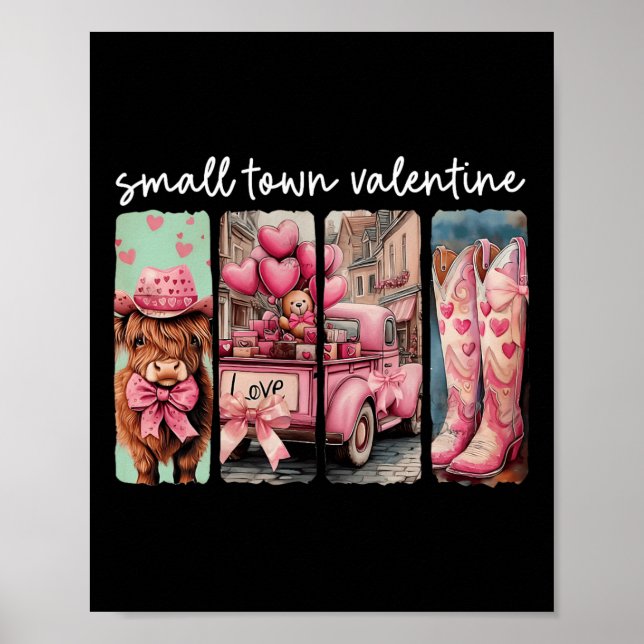 Póster Día de San Valentín Vaca Lindo Pequeña Ciudad Retr (Frente)