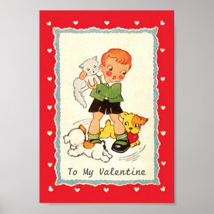 Póster Día de San Valentín Victoriano Antiguo Niño, Gato 