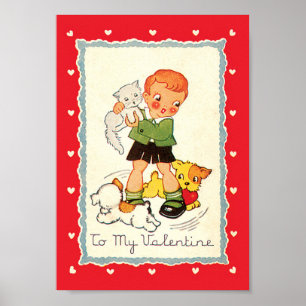 Póster Día de San Valentín Victoriano Antiguo Niño, Gato 