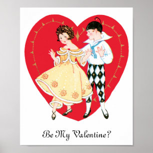 Póster Día de San Valentín Vintage, Niña, Arlequín y Cora