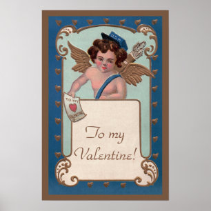 Póster Día de San Valentín vintage, querubín con cartas d