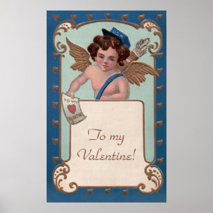 Póster Día de San Valentín vintage, querubín con cartas d