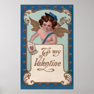 Póster Día de San Valentín vintage, querubín con cartas d