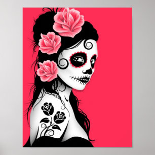 Póster Día del Chica del cráneo de azúcar muerto - Rosa